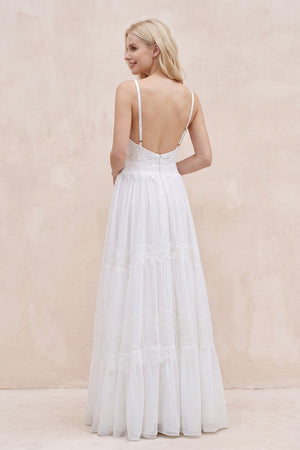 White Spaghetti Sleeveless Chiffon Beach Boho Wedding Dress - KISSPROM