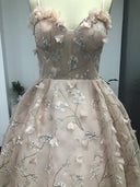 Spaghetti Strap 3D Flower Applique Sky Blue Prom Dresses Ball Gowns - KissProm