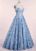 Spaghetti Strap 3D Flower Applique Sky Blue Prom Dresses Ball Gowns - KissProm