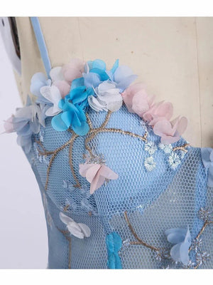 Spaghetti Strap 3D Flower Applique Sky Blue Prom Dresses Ball Gowns - KissProm
