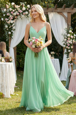 A-Line Spaghetti Strap Chiffon Bridesmaid Dress in Pale Pistachio - KissProm BRIDESMAID DRESSES