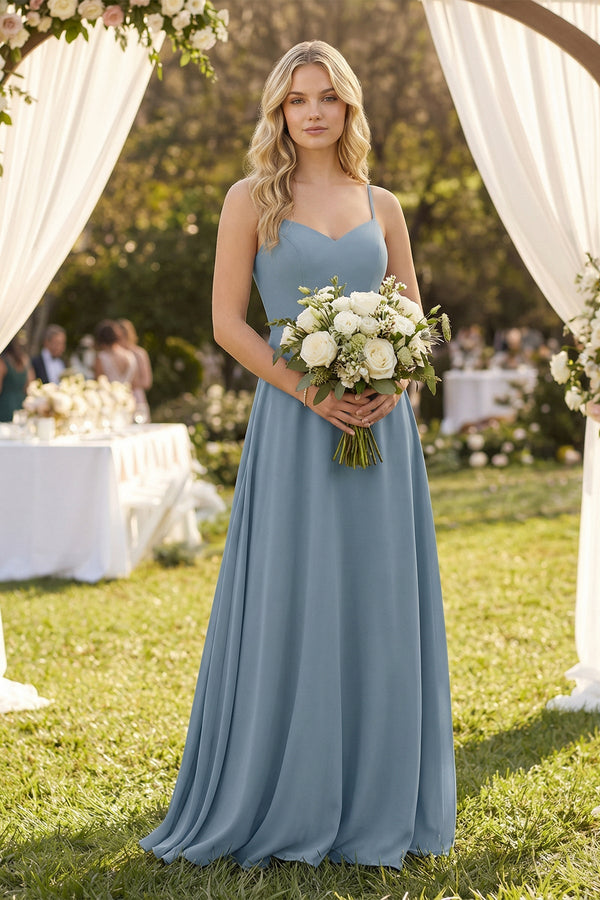 A-Line Chiffon Spaghetti Strap Bridesmaid Dress in Neptune - KissProm BRIDESMAID DRESSES