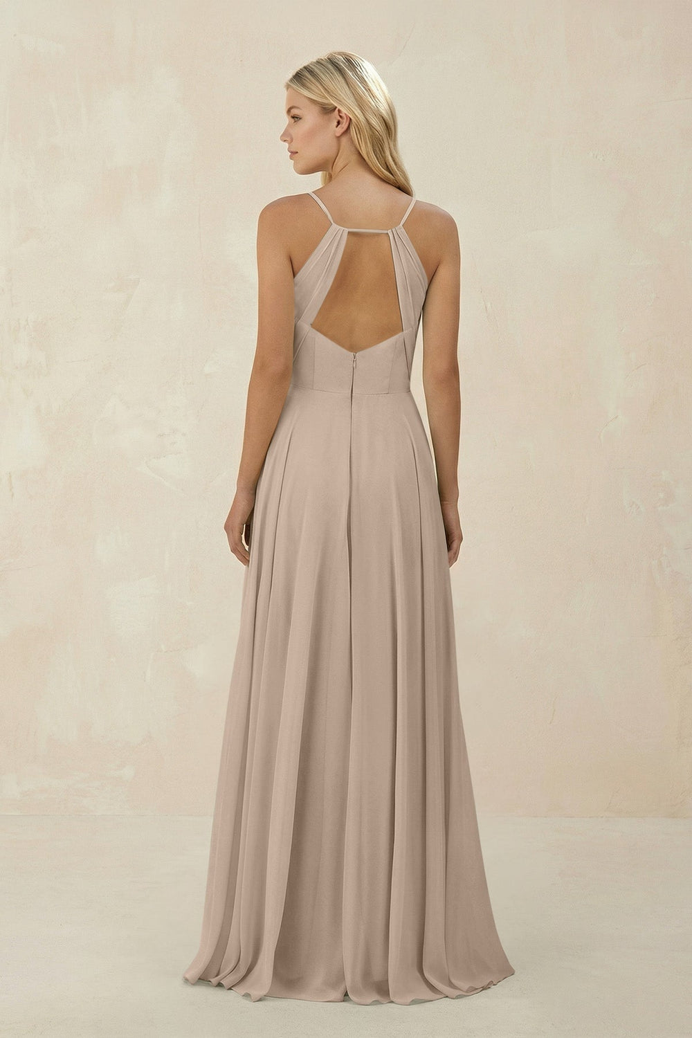 Spaghetti Strap A - Line Chiffon Bridesmaid Dress in Almond - KissProm Bridesmaid Dresses