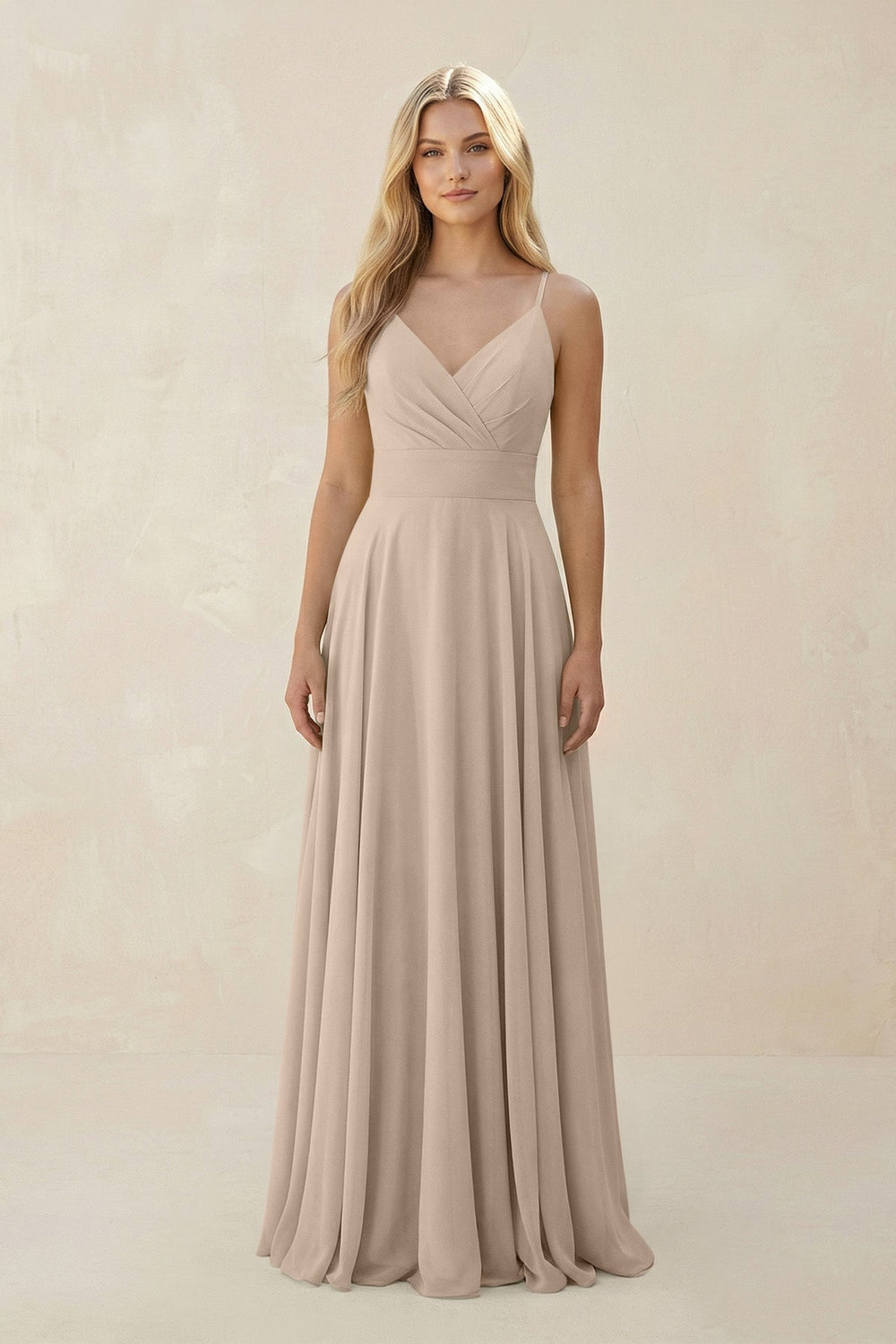 Spaghetti Strap A - Line Chiffon Bridesmaid Dress in Almond - KissProm Bridesmaid Dresses