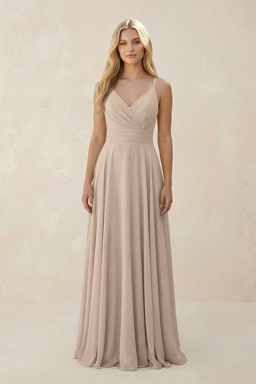 Spaghetti Strap A - Line Chiffon Bridesmaid Dress in Almond - KissProm Bridesmaid Dresses