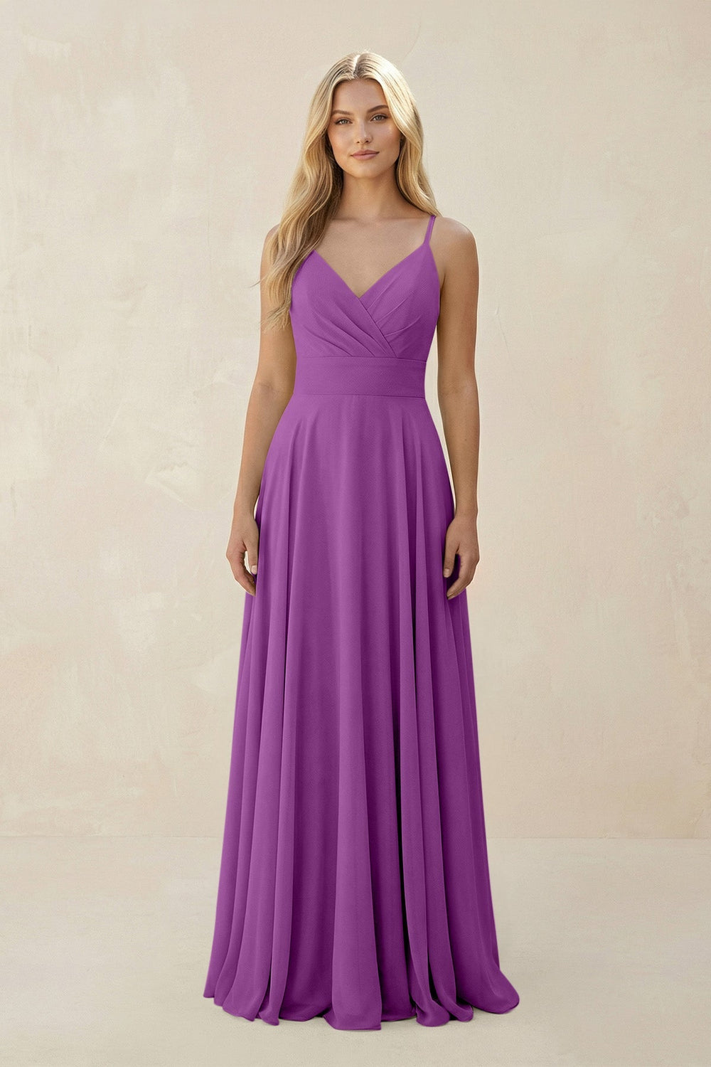 Spaghetti Strap A - Line Chiffon Bridesmaid Dress in Amethyst - KissProm Bridesmaid Dresses