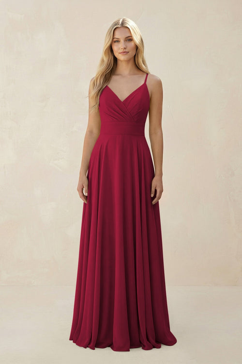 Spaghetti Strap A - Line Chiffon Bridesmaid Dress in Berry - KissProm Bridesmaid Dresses