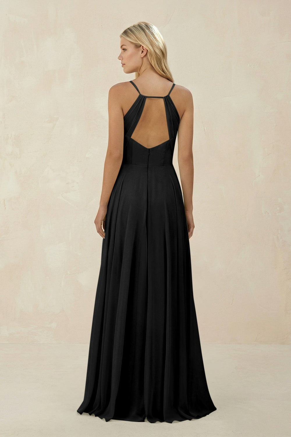 Spaghetti Strap A - Line Chiffon Bridesmaid Dress in Black - KissProm Bridesmaid Dresses