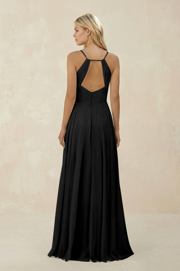 Spaghetti Strap A - Line Chiffon Bridesmaid Dress in Black - KissProm Bridesmaid Dresses