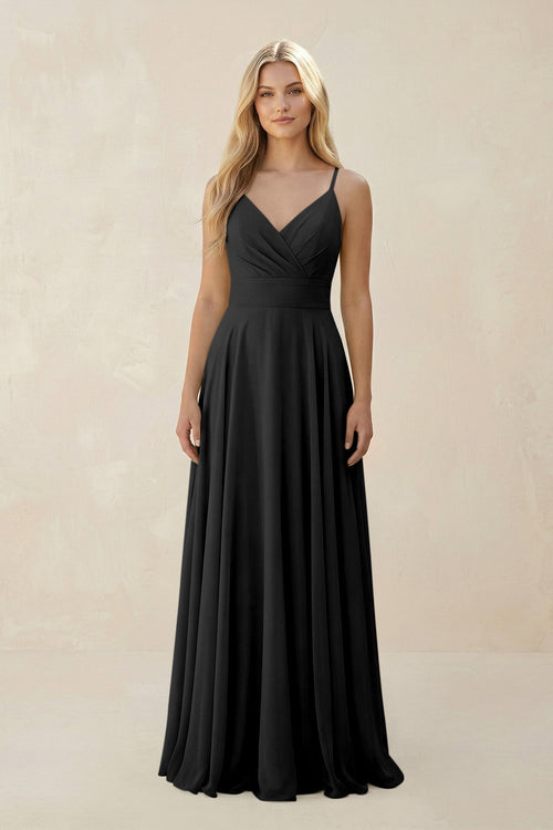 Spaghetti Strap A - Line Chiffon Bridesmaid Dress in Black - KissProm Bridesmaid Dresses