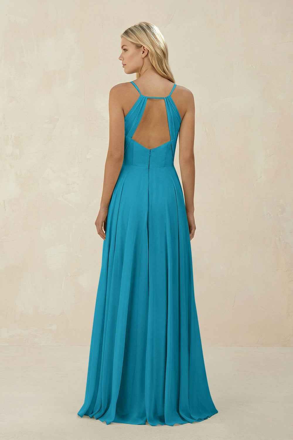 Spaghetti Strap A - Line Chiffon Bridesmaid Dress in Blue Jay - KissProm Bridesmaid Dresses