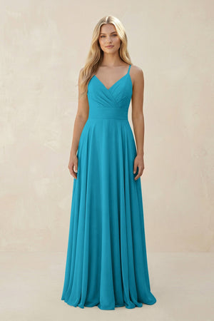 Spaghetti Strap A - Line Chiffon Bridesmaid Dress in Blue Jay - KissProm Bridesmaid Dresses
