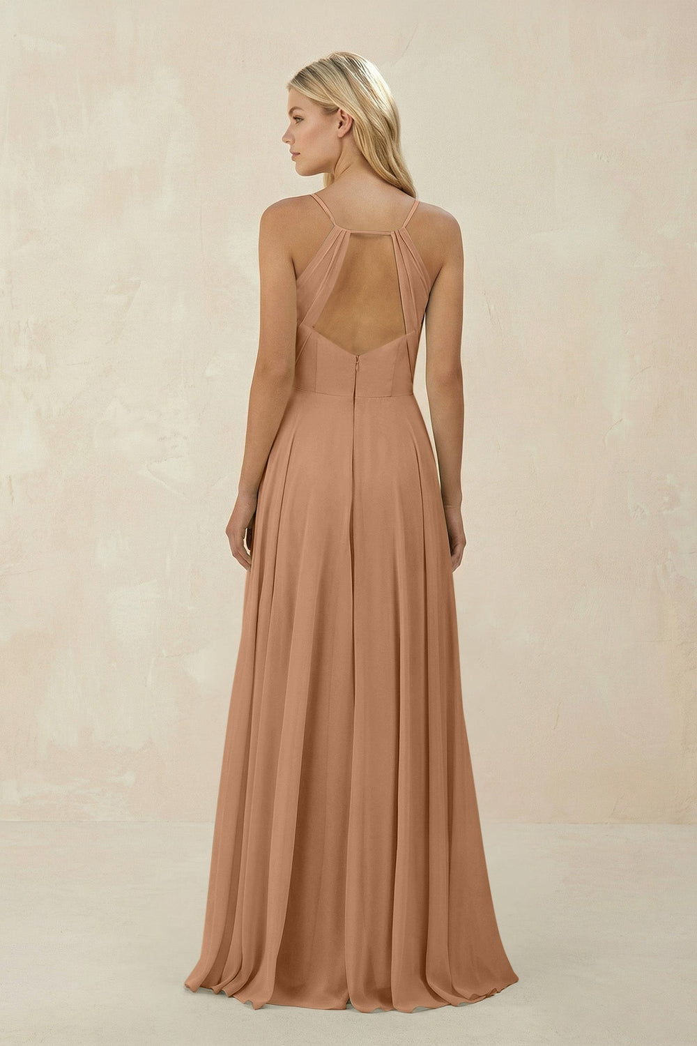 Spaghetti Strap A - Line Chiffon Bridesmaid Dress in Bronzer - KissProm Bridesmaid Dresses