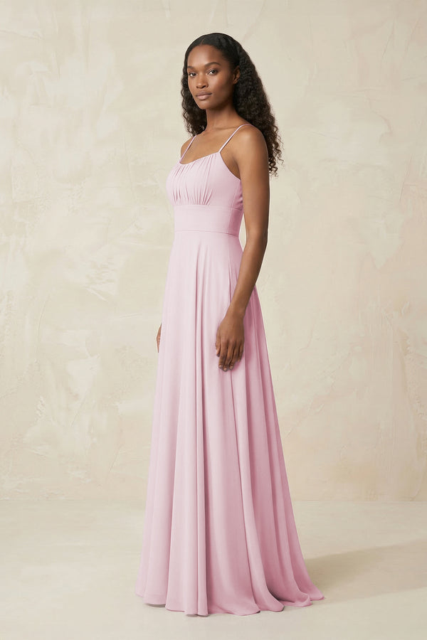 Spaghetti Strap A - Line Chiffon Bridesmaid Dress in Candy Pink - KissProm Bridesmaid Dresses