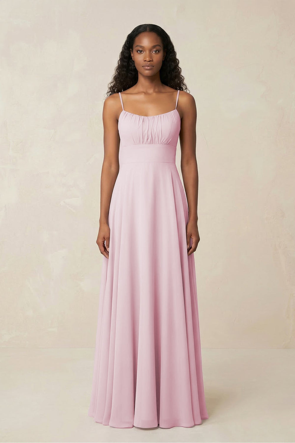 Spaghetti Strap A - Line Chiffon Bridesmaid Dress in Candy Pink - KissProm Bridesmaid Dresses