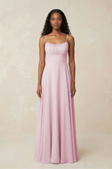 Spaghetti Strap A - Line Chiffon Bridesmaid Dress in Candy Pink - KissProm Bridesmaid Dresses