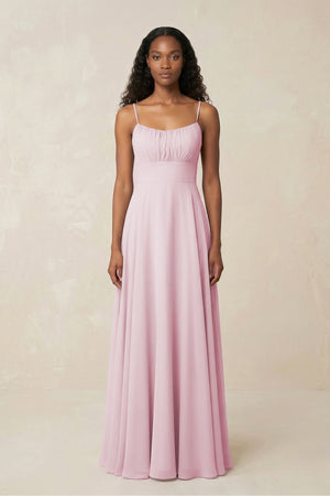 Spaghetti Strap A - Line Chiffon Bridesmaid Dress in Candy Pink - KissProm Bridesmaid Dresses