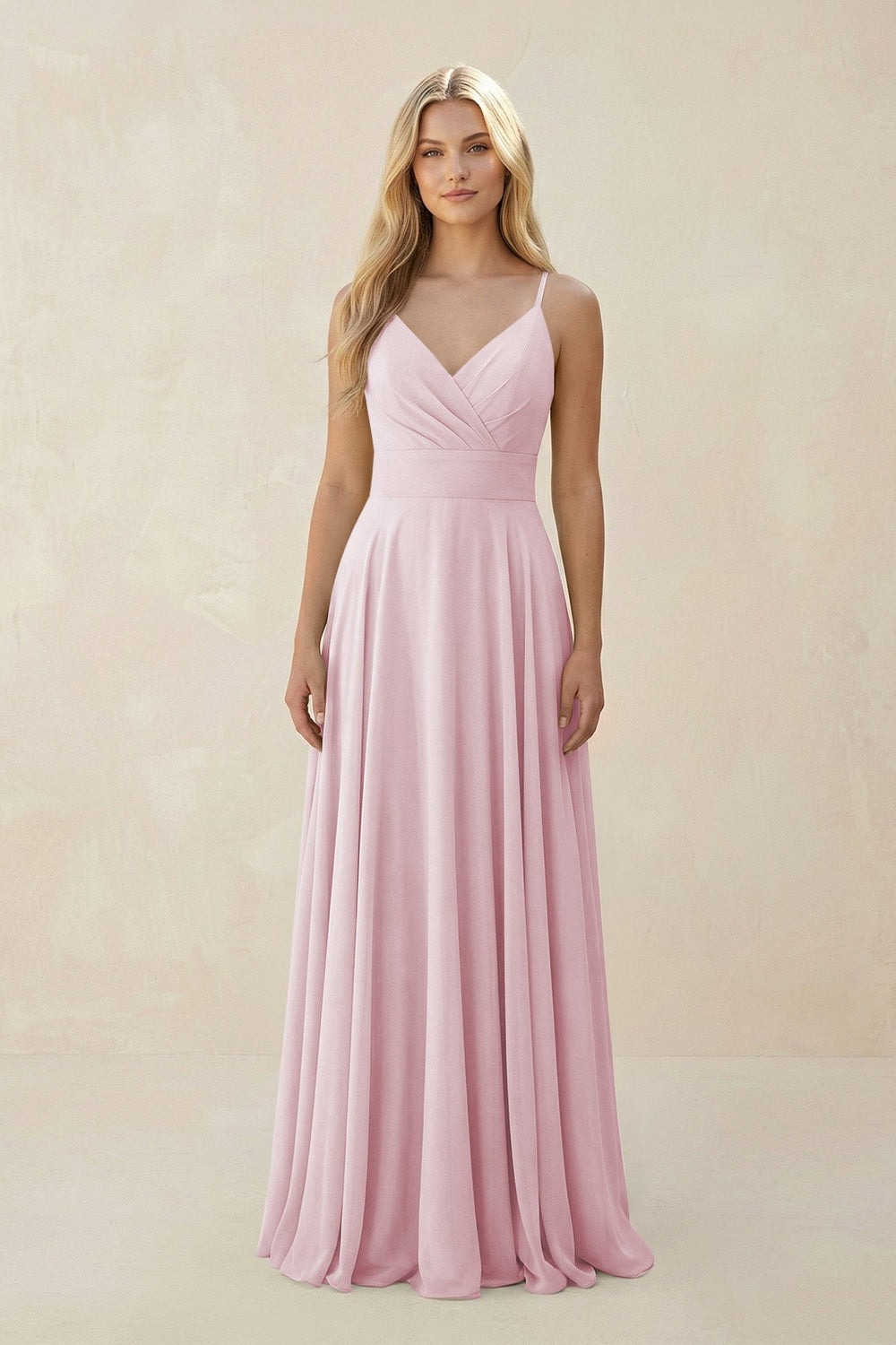 Spaghetti Strap A - Line Chiffon Bridesmaid Dress in Candy Pink - KissProm Bridesmaid Dresses