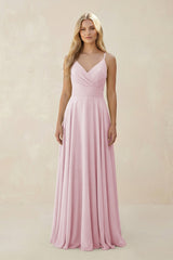 Spaghetti Strap A - Line Chiffon Bridesmaid Dress in Candy Pink - KissProm Bridesmaid Dresses