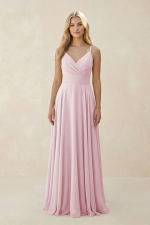 Spaghetti Strap A - Line Chiffon Bridesmaid Dress in Candy Pink - KissProm Bridesmaid Dresses