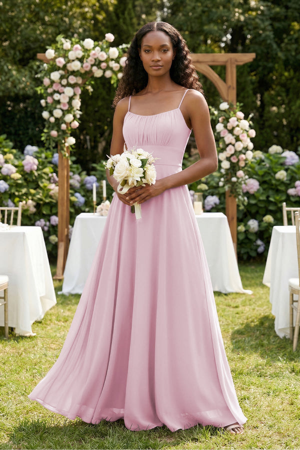 A-Line Ruched Chiffon Spaghetti Strap Bridesmaid Dress in Candy Pink, Candy Pink / 6