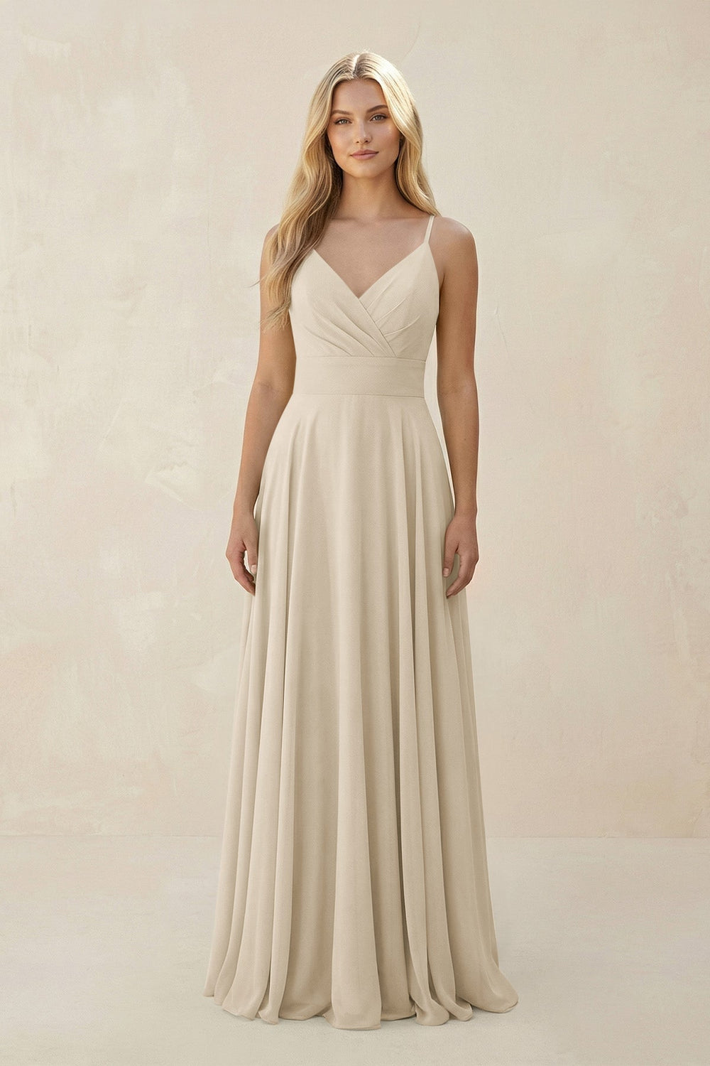 Spaghetti Strap A - Line Chiffon Bridesmaid Dress in Champagne - KissProm Bridesmaid Dresses