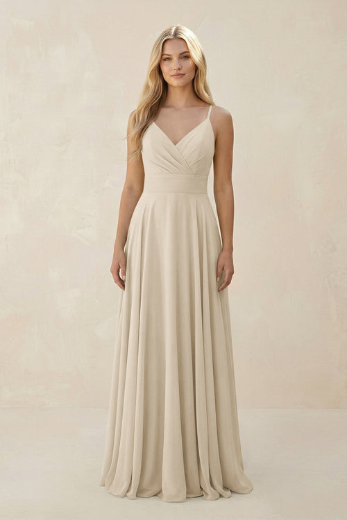 Spaghetti Strap A - Line Chiffon Bridesmaid Dress in Champagne - KissProm Bridesmaid Dresses