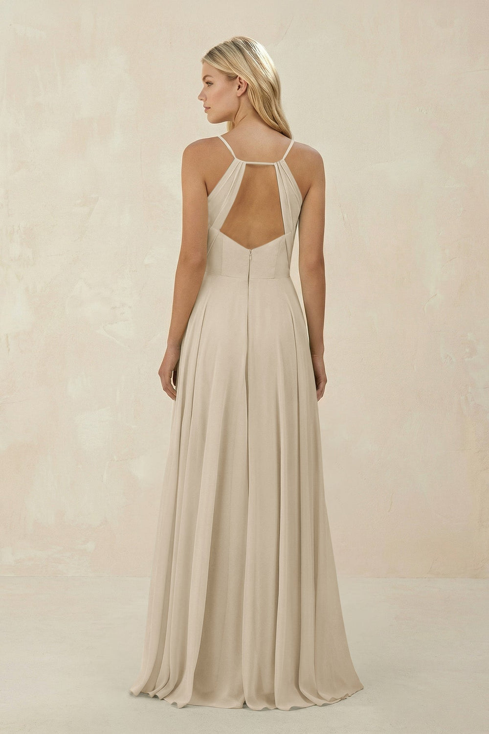 Spaghetti Strap A - Line Chiffon Bridesmaid Dress in Champagne - KissProm Bridesmaid Dresses
