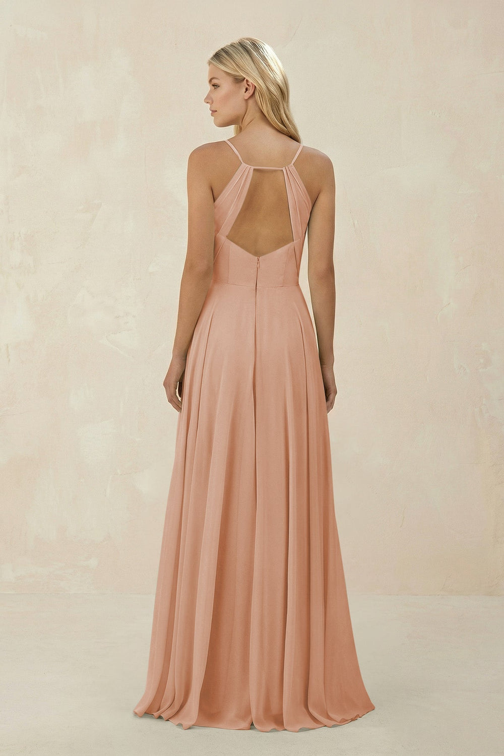 Spaghetti Strap A - Line Chiffon Bridesmaid Dress in Champagne Rose - KissProm Bridesmaid Dresses