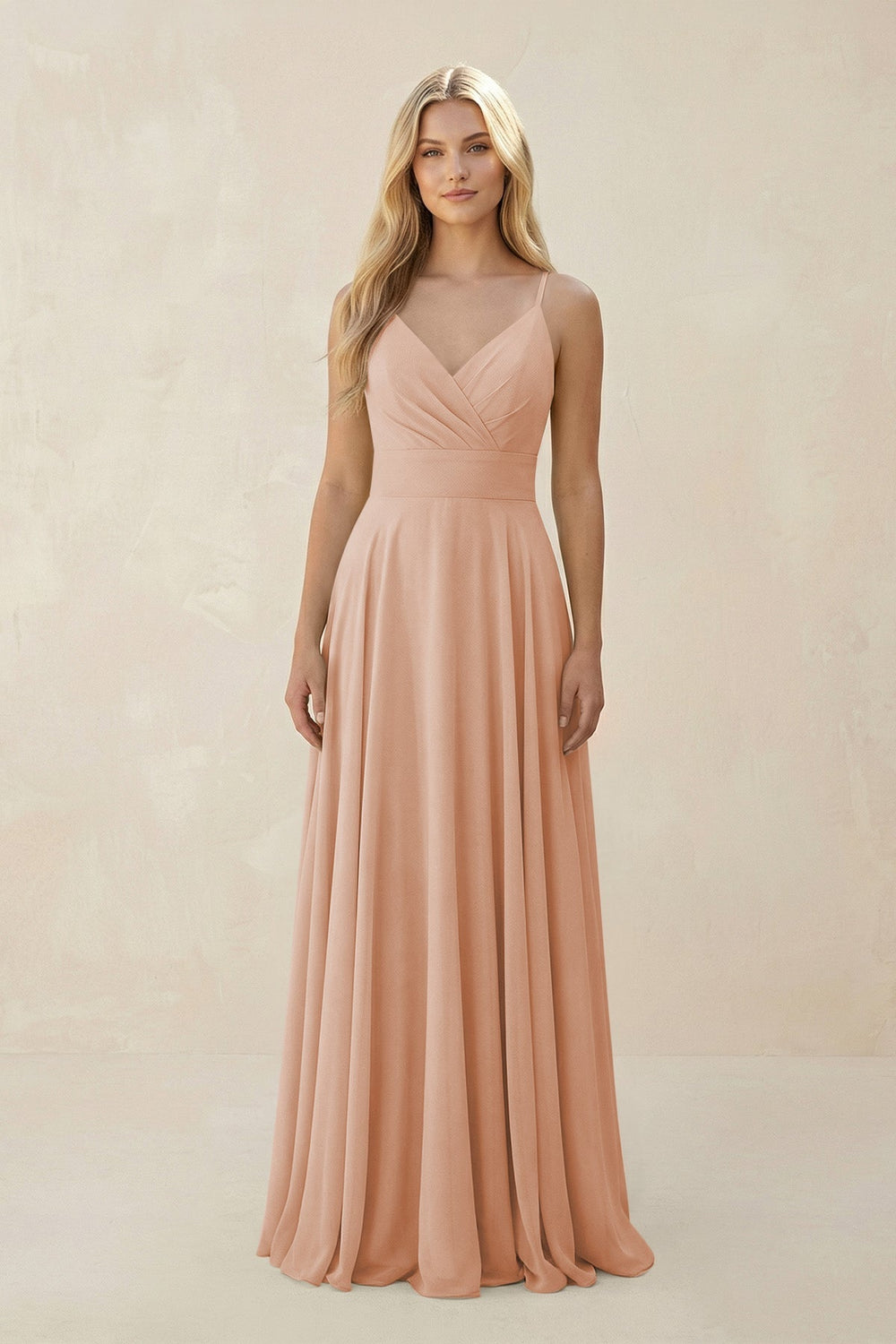 Spaghetti Strap A - Line Chiffon Bridesmaid Dress in Champagne Rose - KissProm Bridesmaid Dresses