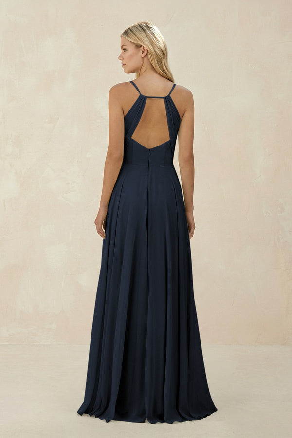 Spaghetti Strap A - Line Chiffon Bridesmaid Dress in Dark Navy - KissProm Bridesmaid Dresses