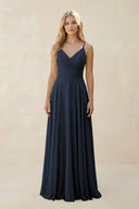 Spaghetti Strap A - Line Chiffon Bridesmaid Dress in Dark Navy - KissProm Bridesmaid Dresses