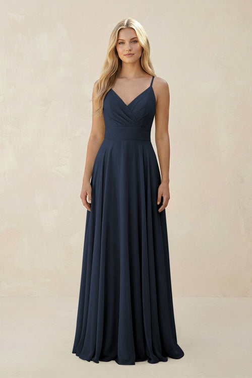 Spaghetti Strap A - Line Chiffon Bridesmaid Dress in Dark Navy - KissProm Bridesmaid Dresses