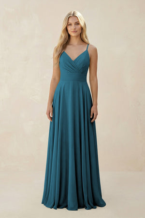 Spaghetti Strap A - Line Chiffon Bridesmaid Dress in Dark Teal - KissProm Bridesmaid Dresses