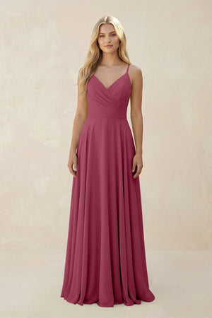 Spaghetti Strap A - Line Chiffon Bridesmaid Dress in Desert Rose - KissProm Bridesmaid Dresses