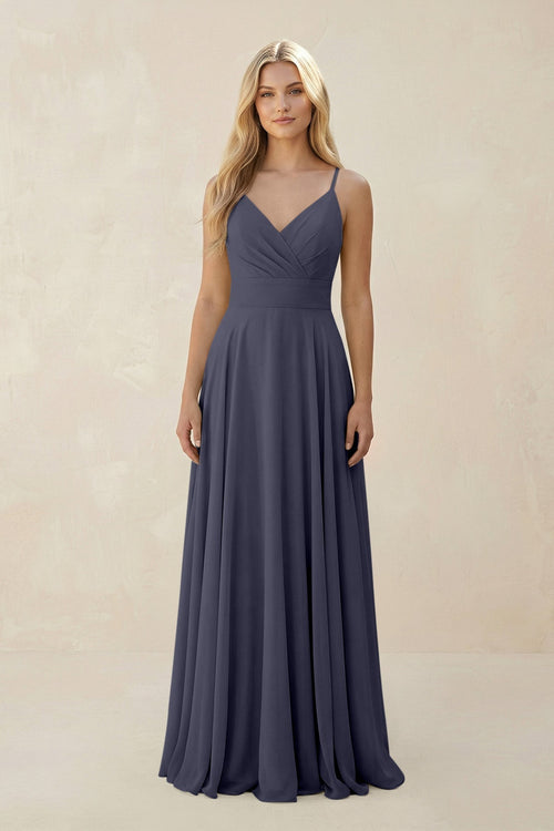 KissProm Spaghetti Strap A-Line Chiffon Bridesmaid Dress in Dusk Blue, Dusk Blue / 4