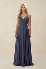 Spaghetti Strap A - Line Chiffon Bridesmaid Dress in Dusk Blue - KissProm Bridesmaid Dresses