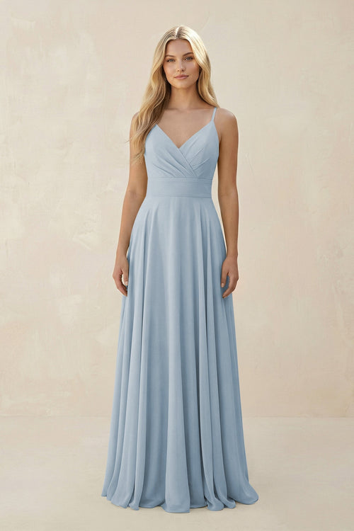 KissProm Spaghetti Strap A-Line Chiffon Bridesmaid Dress in Dusty Blue, Dusty Blue / 26