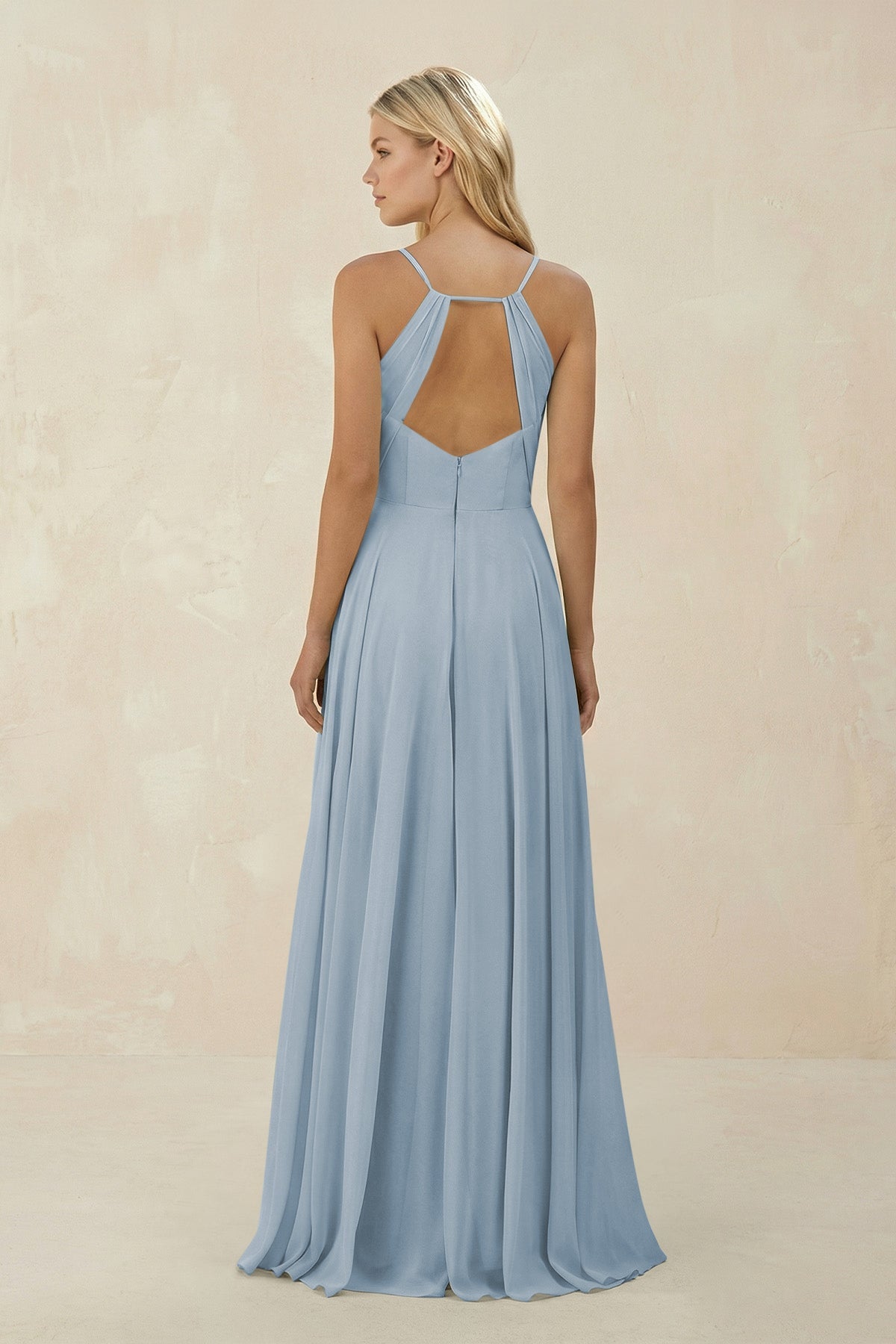 KissProm Spaghetti Strap A-Line Chiffon Bridesmaid Dress in Dusty Blue, Dusty Blue / 26