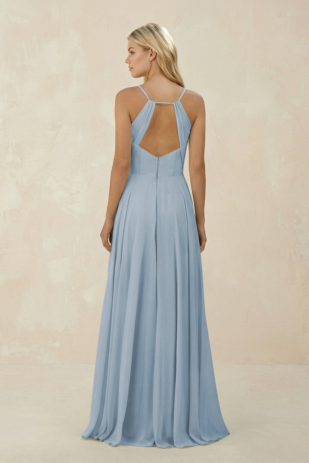 Spaghetti Strap A - Line Chiffon Bridesmaid Dress in Dusty Blue - KissProm Bridesmaid Dresses