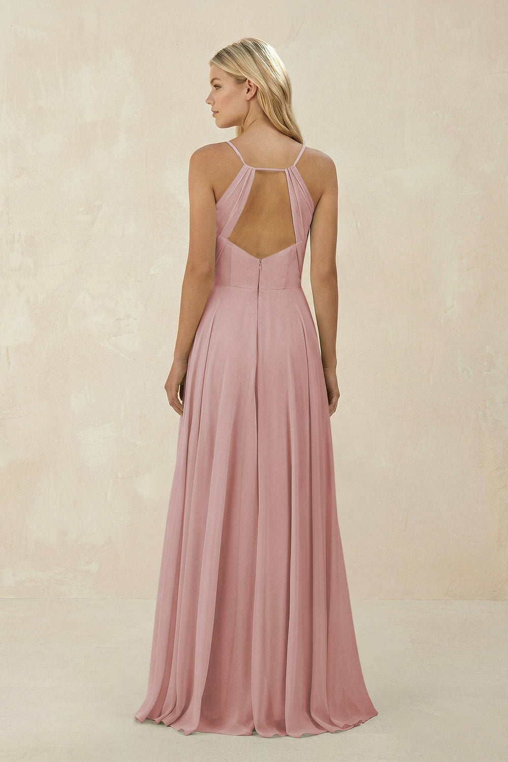 Spaghetti Strap A - Line Chiffon Bridesmaid Dress in Dusty Rose - KissProm Bridesmaid Dresses
