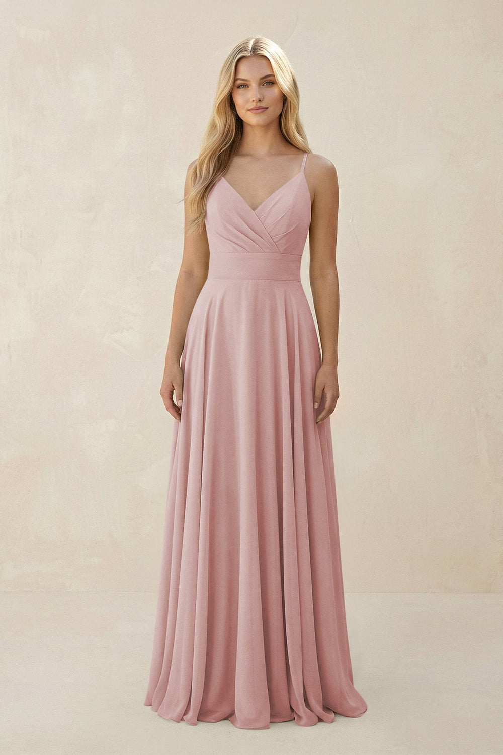 Spaghetti Strap A - Line Chiffon Bridesmaid Dress in Dusty Rose - KissProm Bridesmaid Dresses