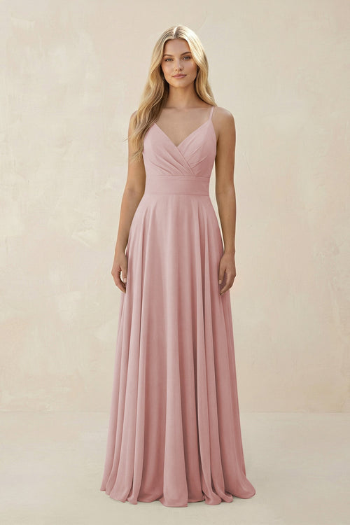 Spaghetti Strap A - Line Chiffon Bridesmaid Dress in Dusty Rose - KissProm Bridesmaid Dresses