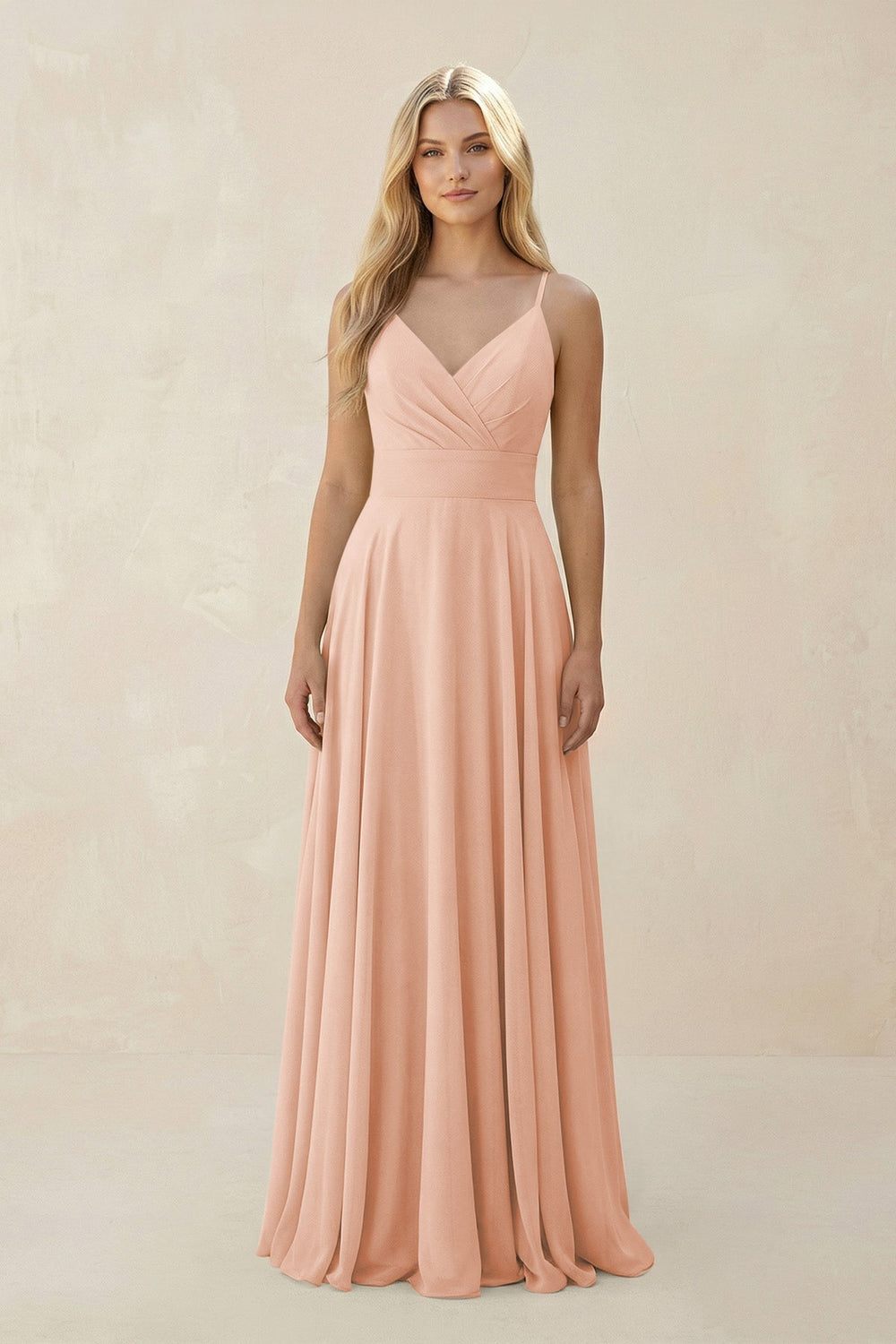 Spaghetti Strap A - Line Chiffon Bridesmaid Dress in English Rose - KissProm Bridesmaid Dresses