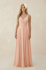 Spaghetti Strap A - Line Chiffon Bridesmaid Dress in English Rose - KissProm Bridesmaid Dresses