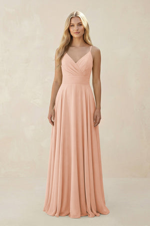 Spaghetti Strap A - Line Chiffon Bridesmaid Dress in English Rose - KissProm Bridesmaid Dresses