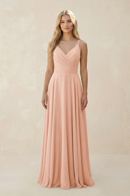 Spaghetti Strap A - Line Chiffon Bridesmaid Dress in English Rose - KissProm Bridesmaid Dresses