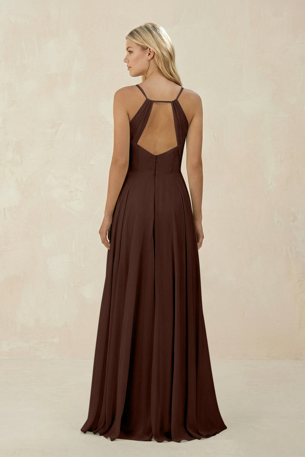 Spaghetti Strap A - Line Chiffon Bridesmaid Dress in Espresso - KissProm Bridesmaid Dresses