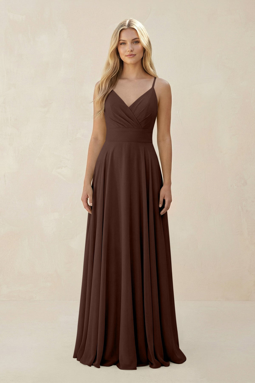 Spaghetti Strap A - Line Chiffon Bridesmaid Dress in Espresso - KissProm Bridesmaid Dresses