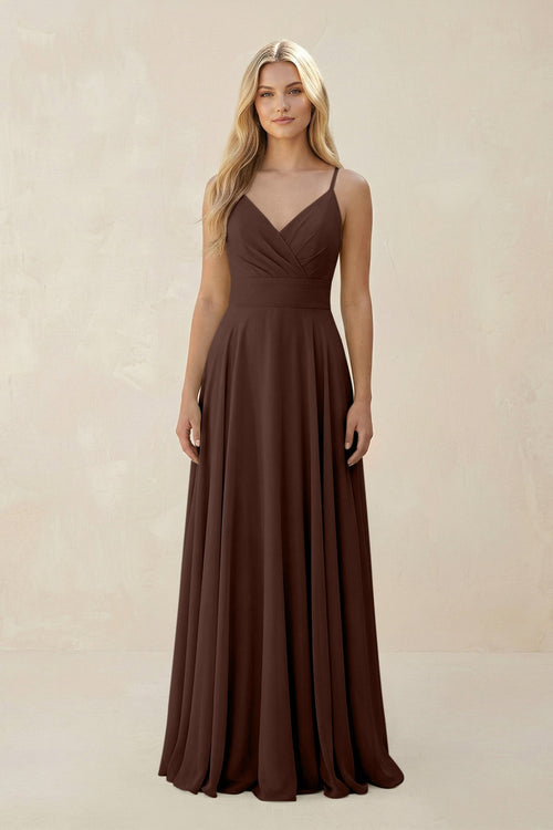 Spaghetti Strap A - Line Chiffon Bridesmaid Dress in Espresso - KissProm Bridesmaid Dresses
